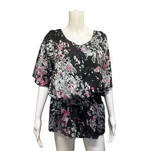Suzy Shier Silky Floral Blouse Black Silver Pink Size M